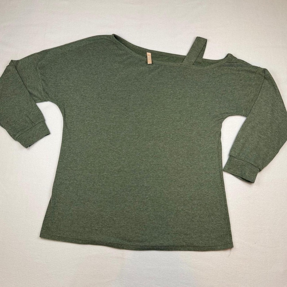 Jinkesi Womens Cold Shoulder Asymmetrical Top Heather Olive Green Large